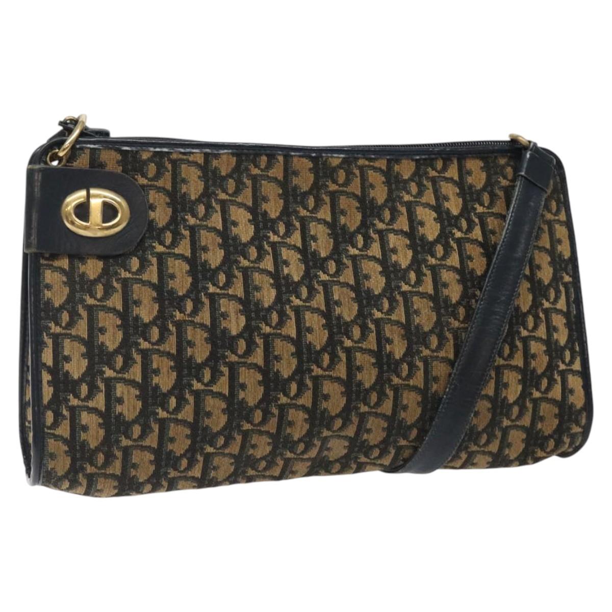 Christian Dior Trotter Canvas Shoulder Bag Navy Gold Auth 123286