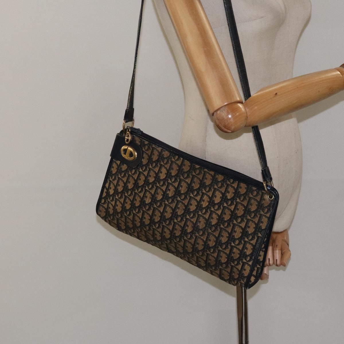 Christian Dior Trotter Canvas Shoulder Bag Navy Gold Auth 123286