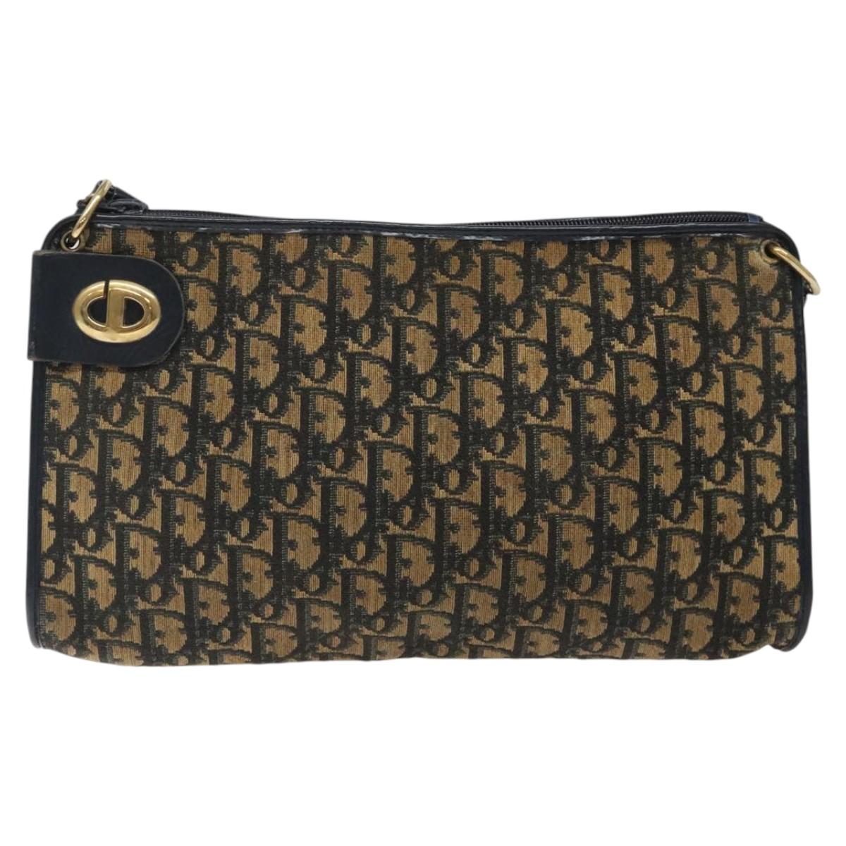 Christian Dior Trotter Canvas Shoulder Bag Navy Gold Auth 123286