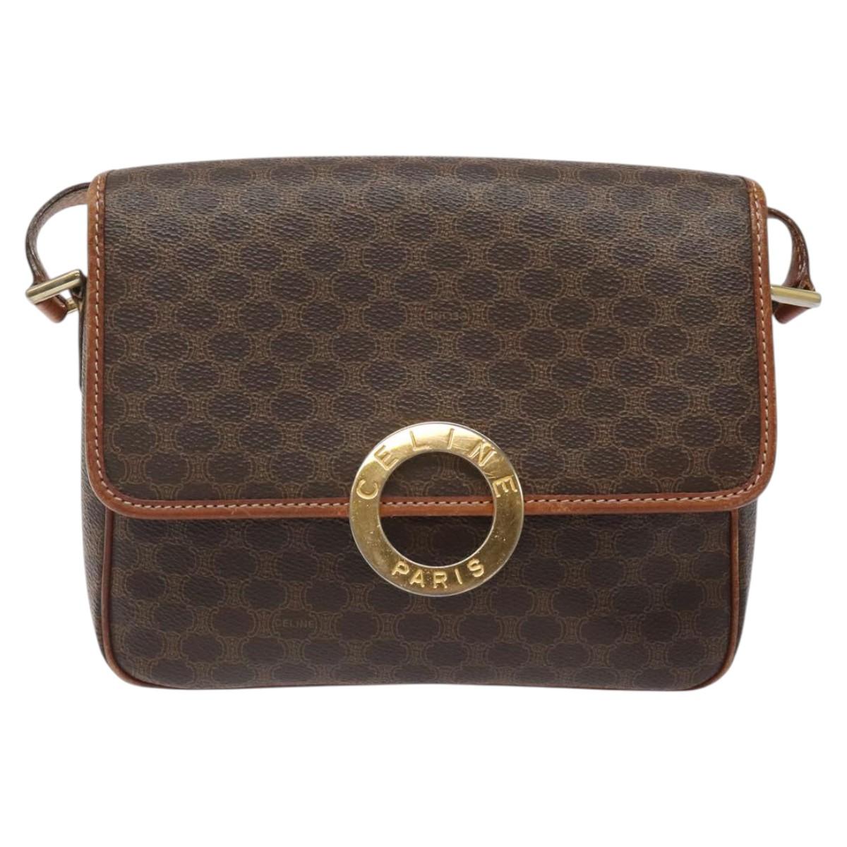 CELINE Macadam Canvas Circle Shoulder Bag PVC Leather Brown Gold Auth 123293