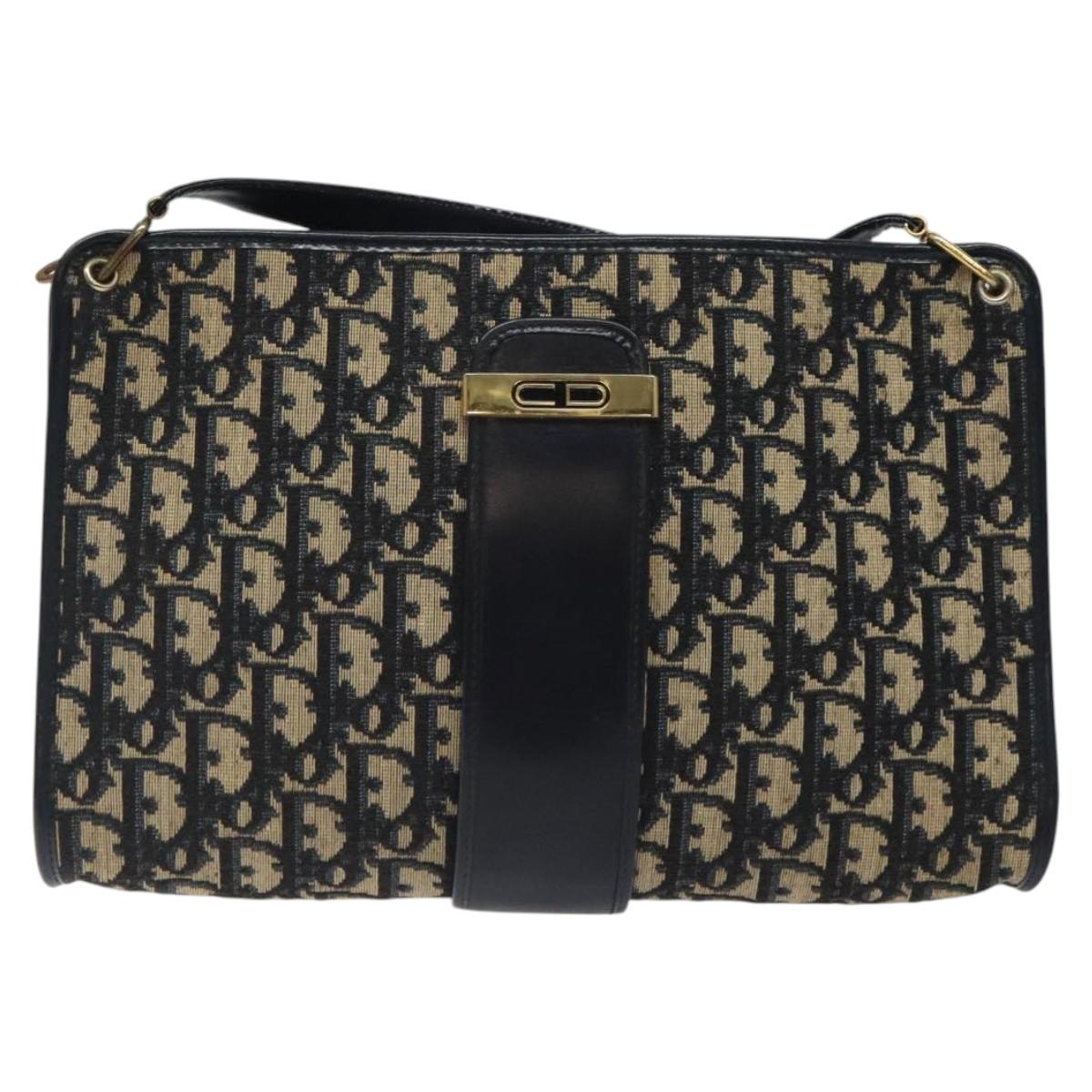 Christian Dior Trotter Canvas Shoulder Bag Navy Gold Auth 123314