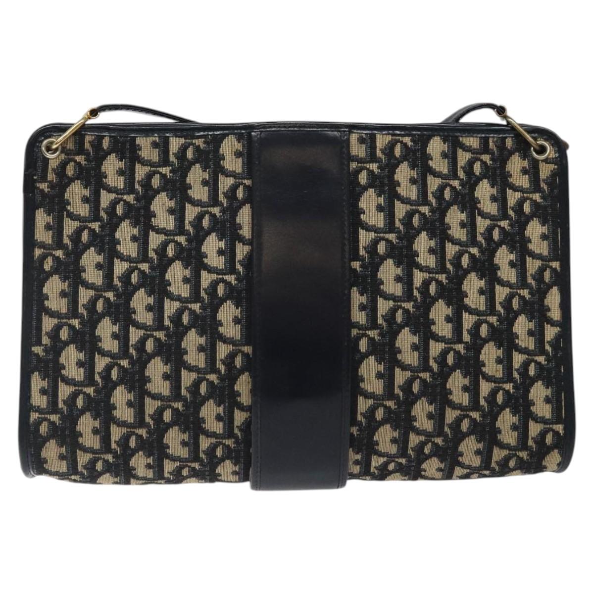 Christian Dior Trotter Canvas Shoulder Bag Navy Gold Auth 123314