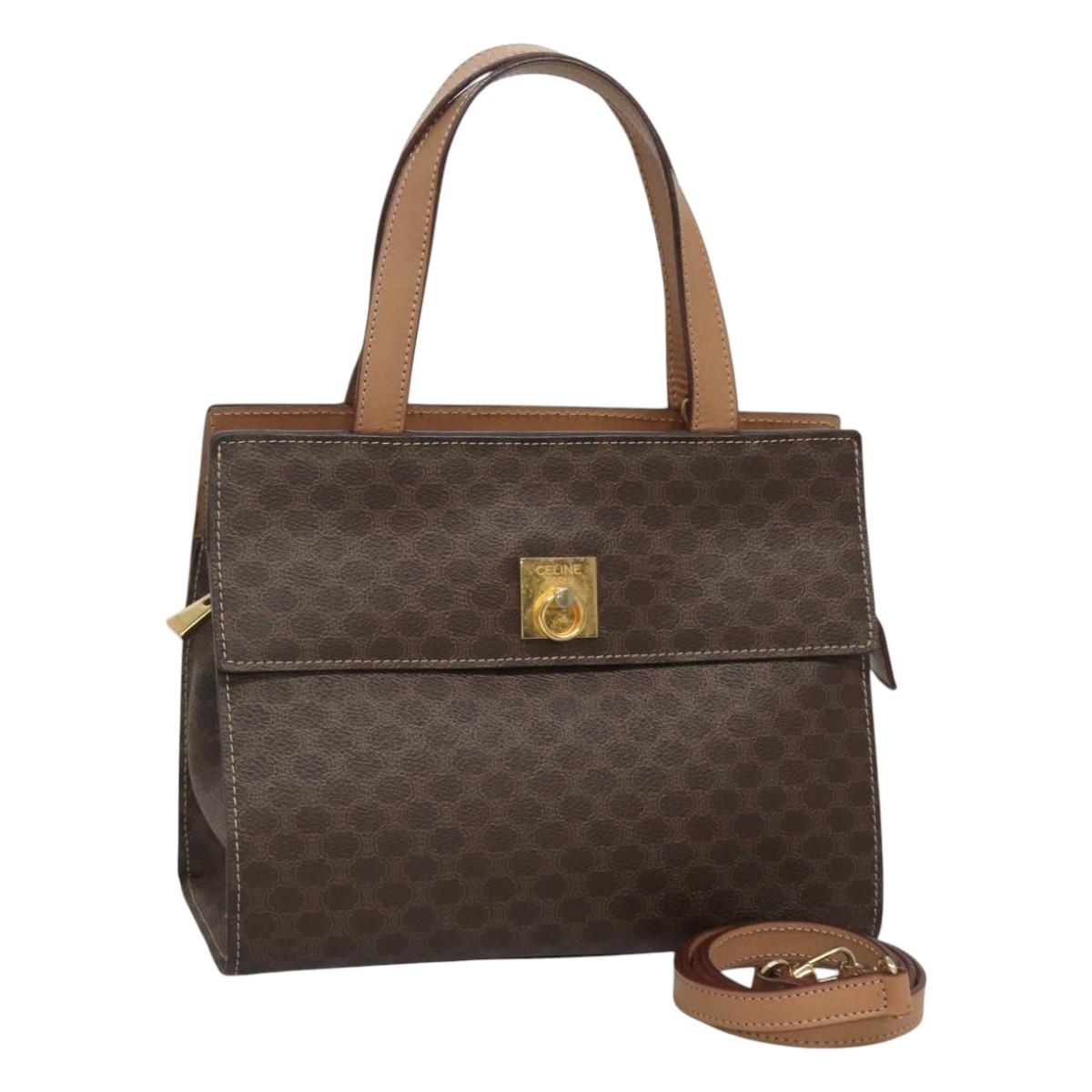 CELINE Macadam Canvas Hand Bag PVC Leather 2way Brown Gold Auth 123320