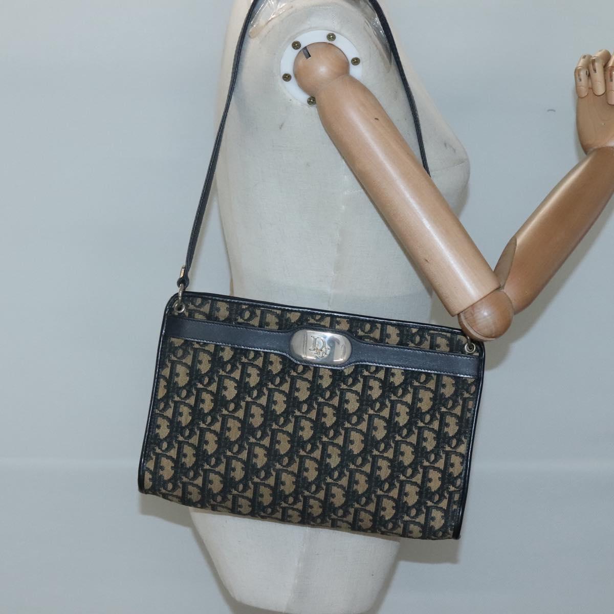 Christian Dior Trotter Canvas Shoulder Bag Navy Gold Auth 123357