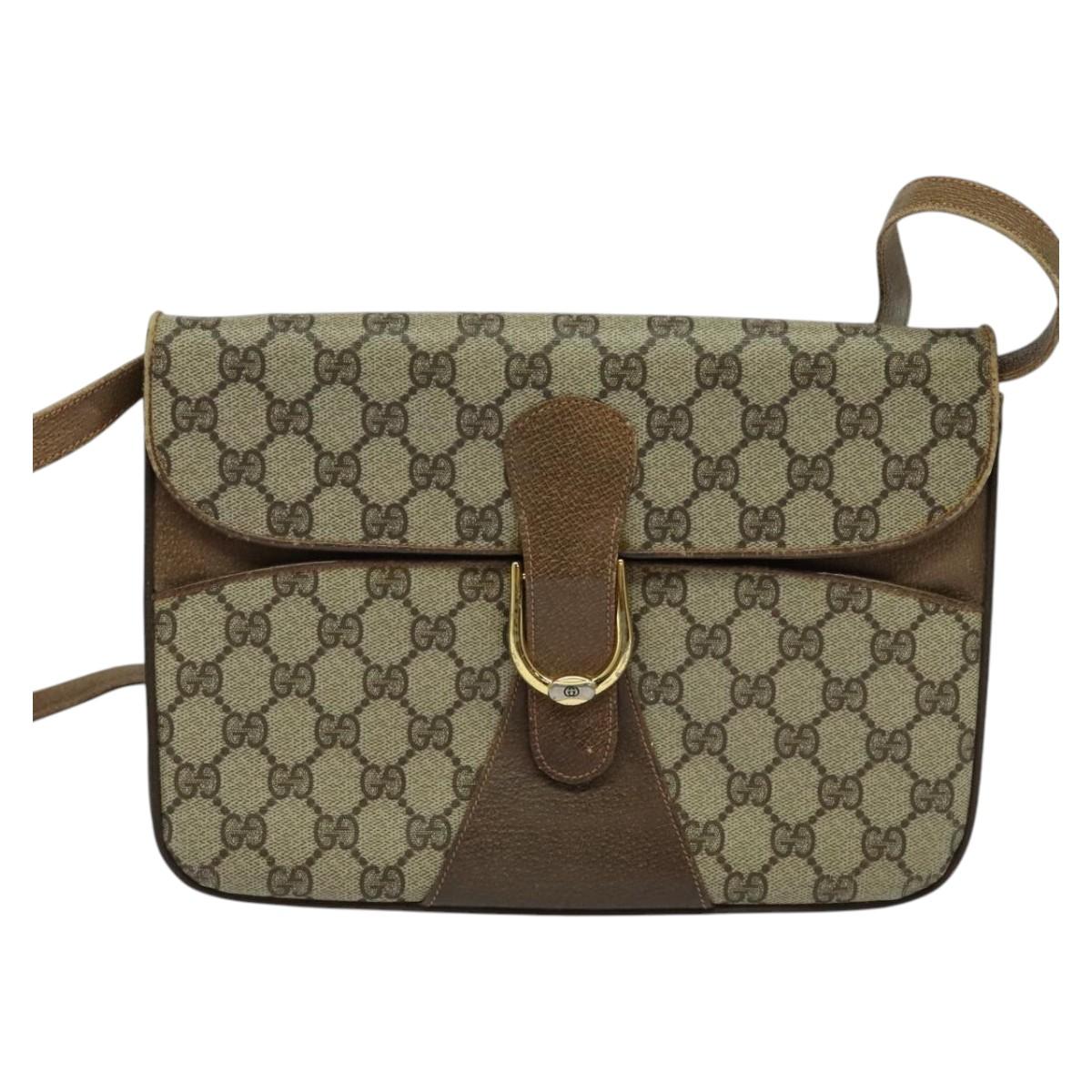 GUCCI GG Supreme Shoulder Bag PVC Beige Gold Auth 123381