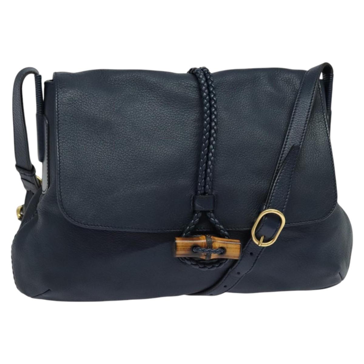 GUCCI Shoulder Bag Leather Blue Gold 338985 Auth 123404