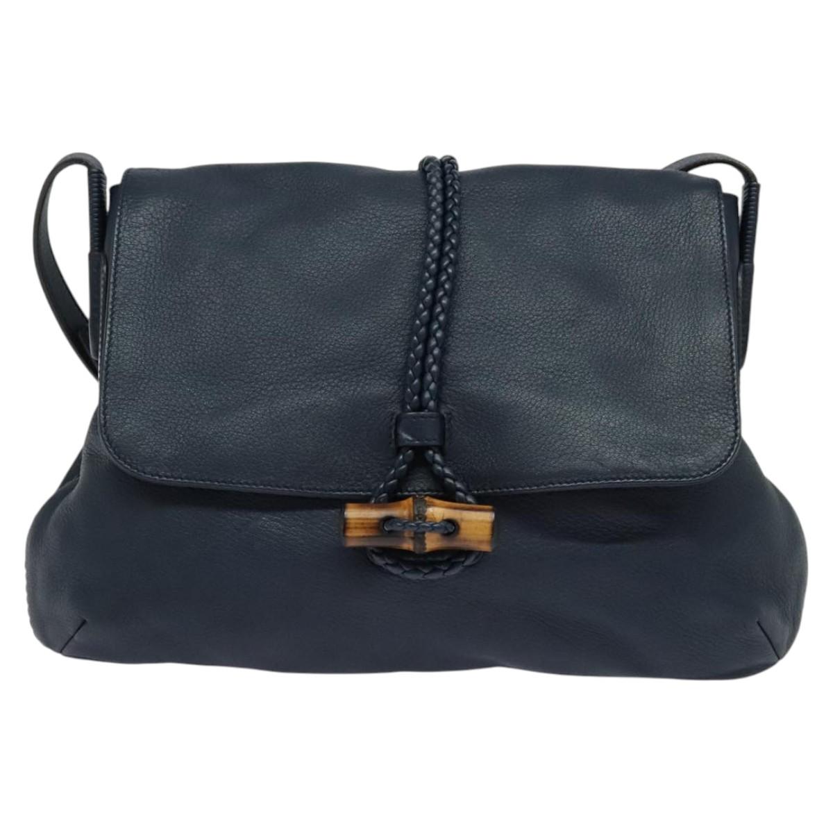 GUCCI Shoulder Bag Leather Blue Gold 338985 Auth 123404