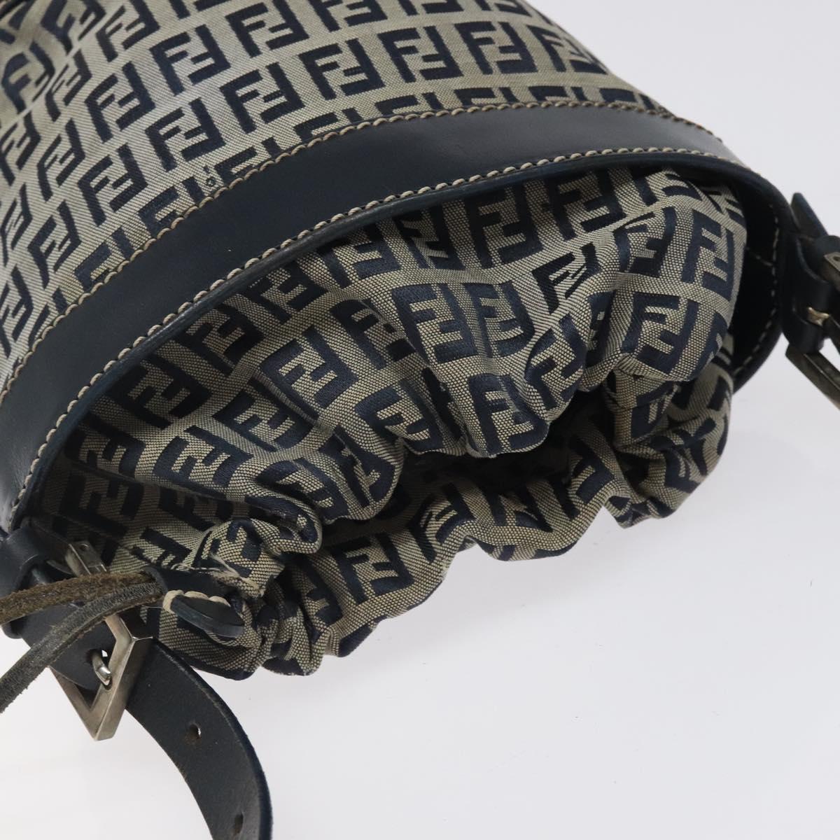 FENDI Zucchino Canvas Shoulder Bag Navy Silver Auth 123405
