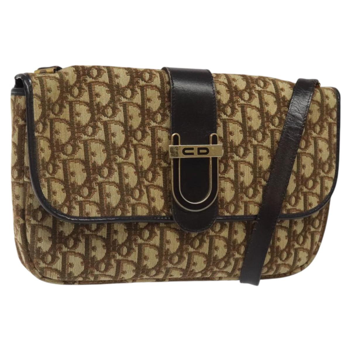 Christian Dior Trotter Canvas Shoulder Bag Brown Gold Auth 123499