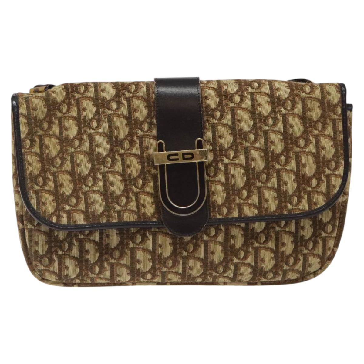 Christian Dior Trotter Canvas Shoulder Bag Brown Gold Auth 123499