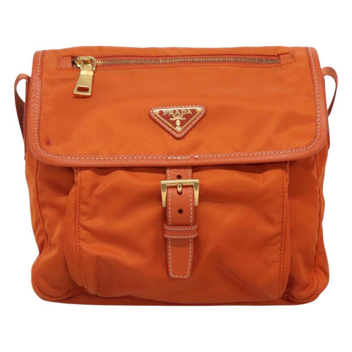 PRADA Shoulder Bag Nylon Orange Gold Auth 123505