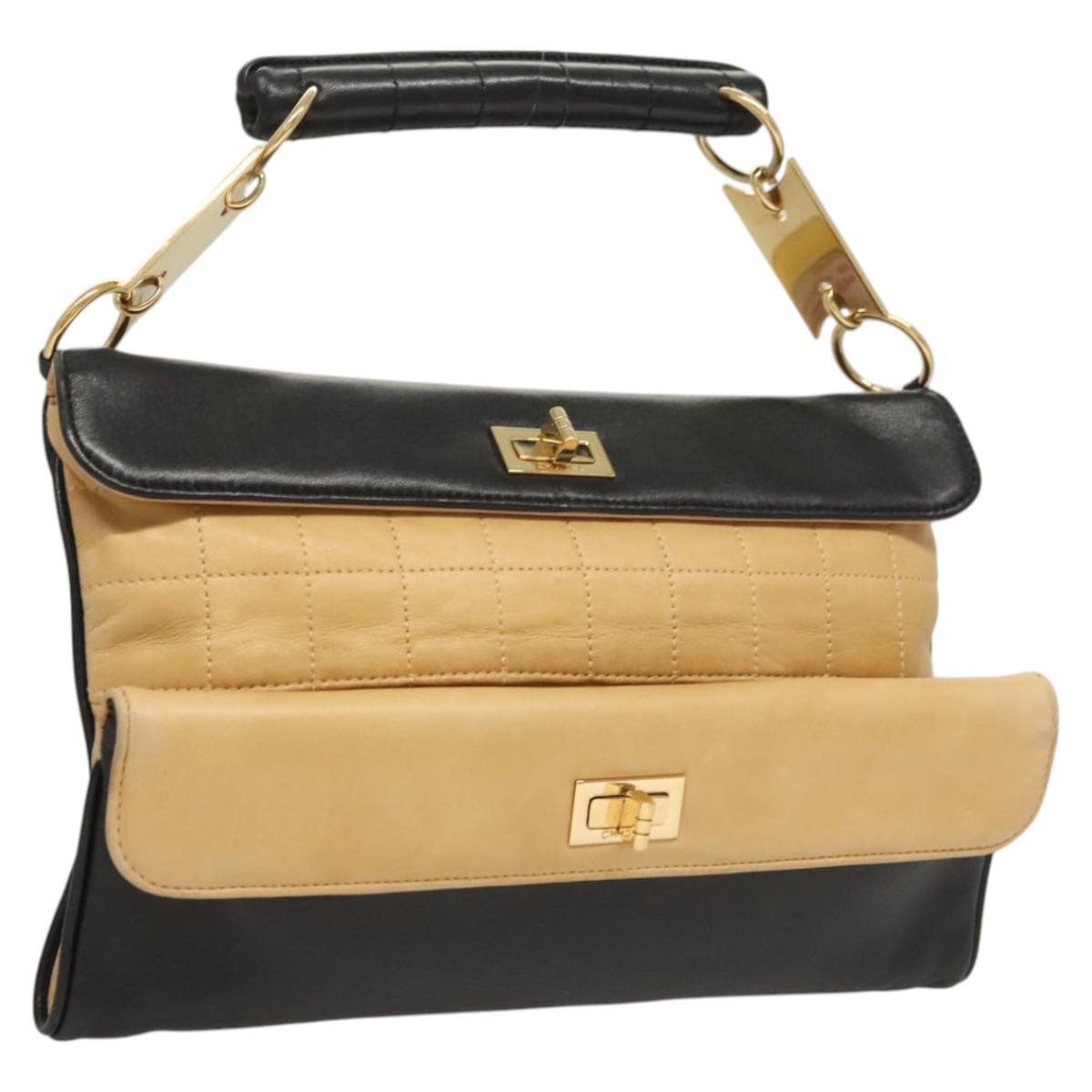 CHANEL Choco Bar Hand Bag Lamb Skin Beige Black CC Auth 123516