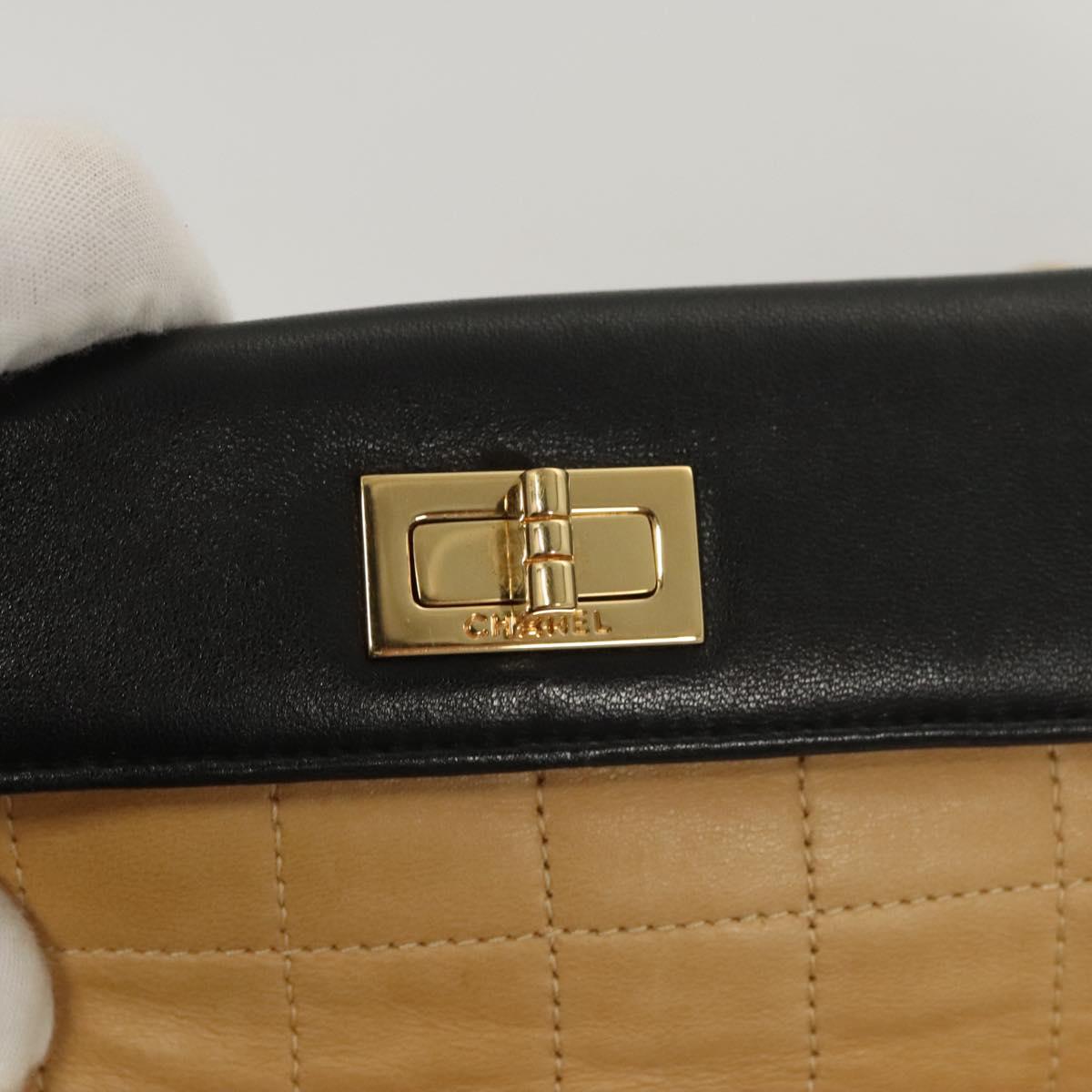 CHANEL Choco Bar Hand Bag Lamb Skin Beige Black CC Auth 123516
