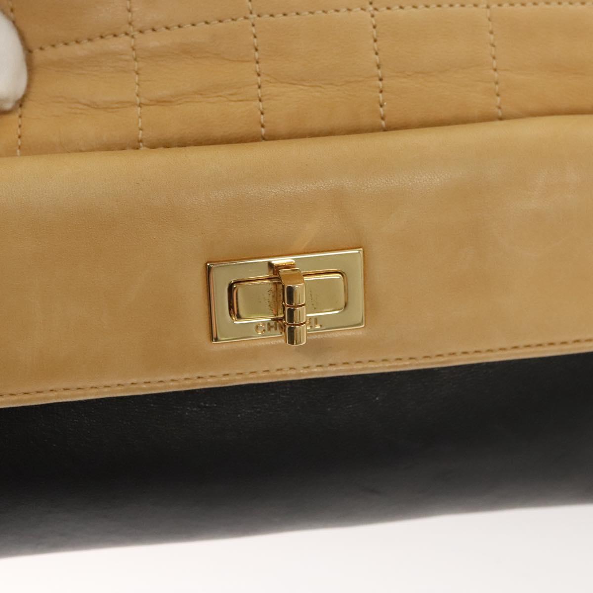 CHANEL Choco Bar Hand Bag Lamb Skin Beige Black CC Auth 123516V