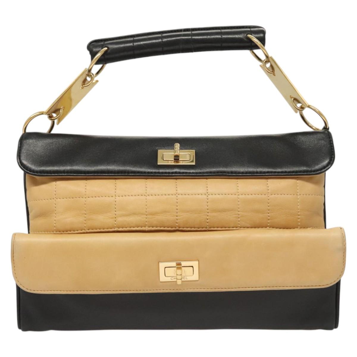 CHANEL Choco Bar Hand Bag Lamb Skin Beige Black CC Auth 123516V