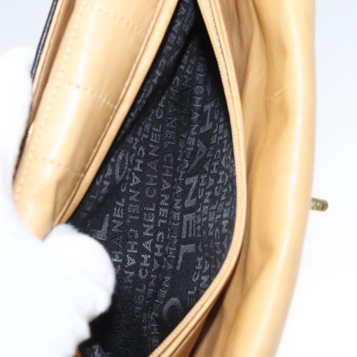 CHANEL Choco Bar Hand Bag Lamb Skin Beige Black CC Auth 123516