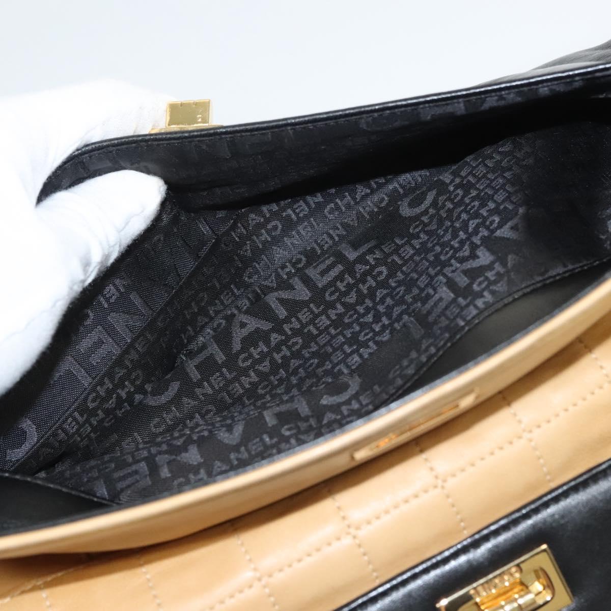 CHANEL Choco Bar Hand Bag Lamb Skin Beige Black CC Auth 123516