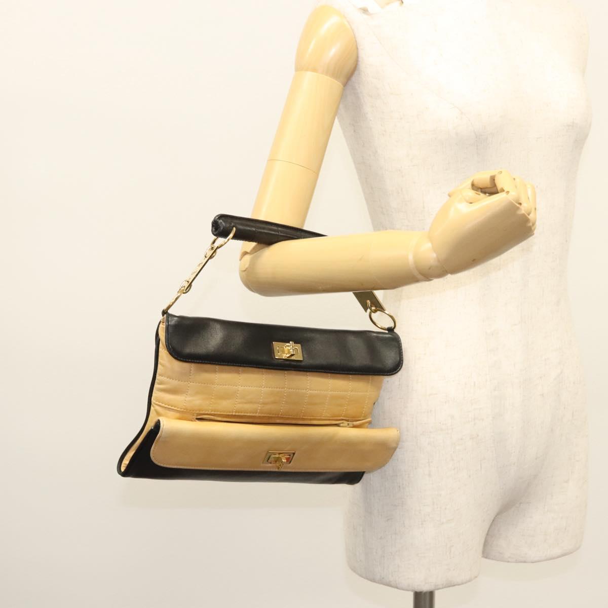 CHANEL Choco Bar Hand Bag Lamb Skin Beige Black CC Auth 123516V