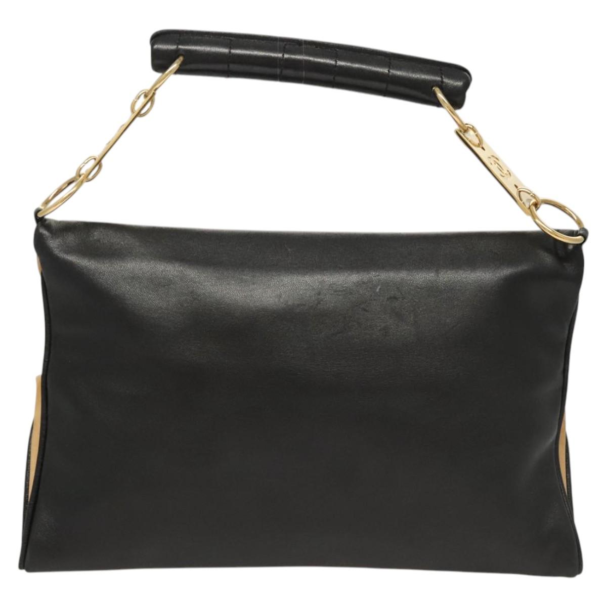 CHANEL Choco Bar Hand Bag Lamb Skin Beige Black CC Auth 123516V