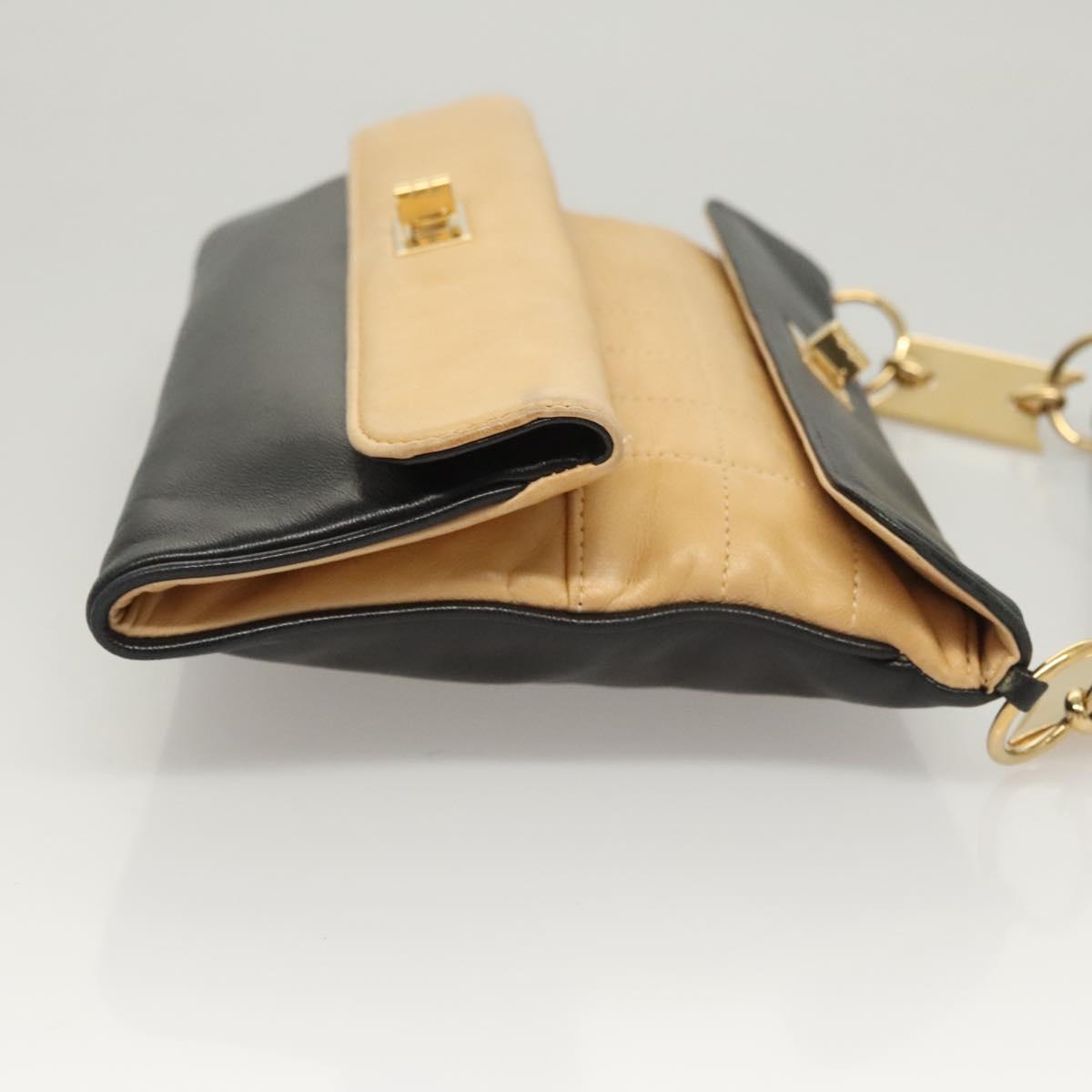 CHANEL Choco Bar Hand Bag Lamb Skin Beige Black CC Auth 123516V