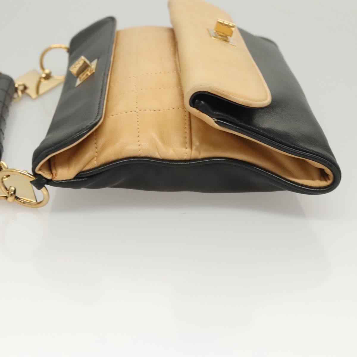 CHANEL Choco Bar Hand Bag Lamb Skin Beige Black CC Auth 123516V