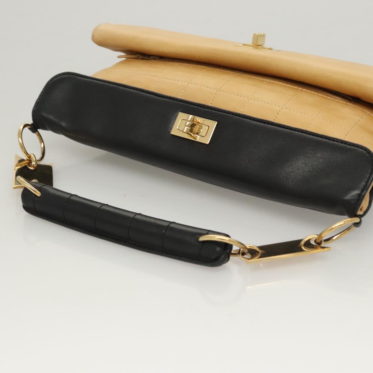 CHANEL Choco Bar Hand Bag Lamb Skin Beige Black CC Auth 123516V
