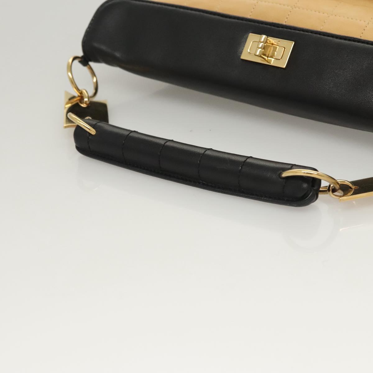 CHANEL Choco Bar Hand Bag Lamb Skin Beige Black CC Auth 123516V