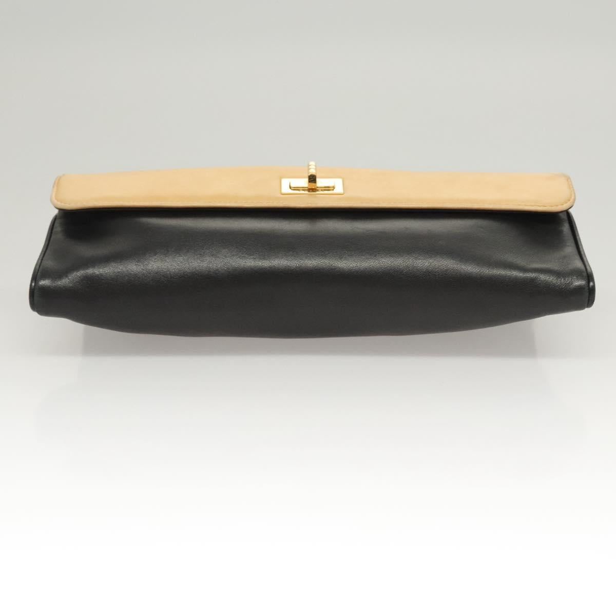 CHANEL Choco Bar Hand Bag Lamb Skin Beige Black CC Auth 123516V
