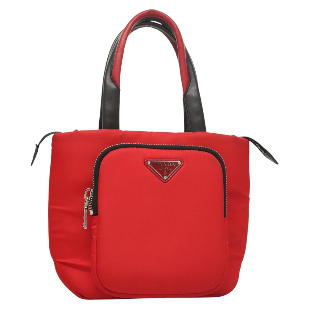 PRADA Hand Bag Nylon Red Silver Auth 123522V