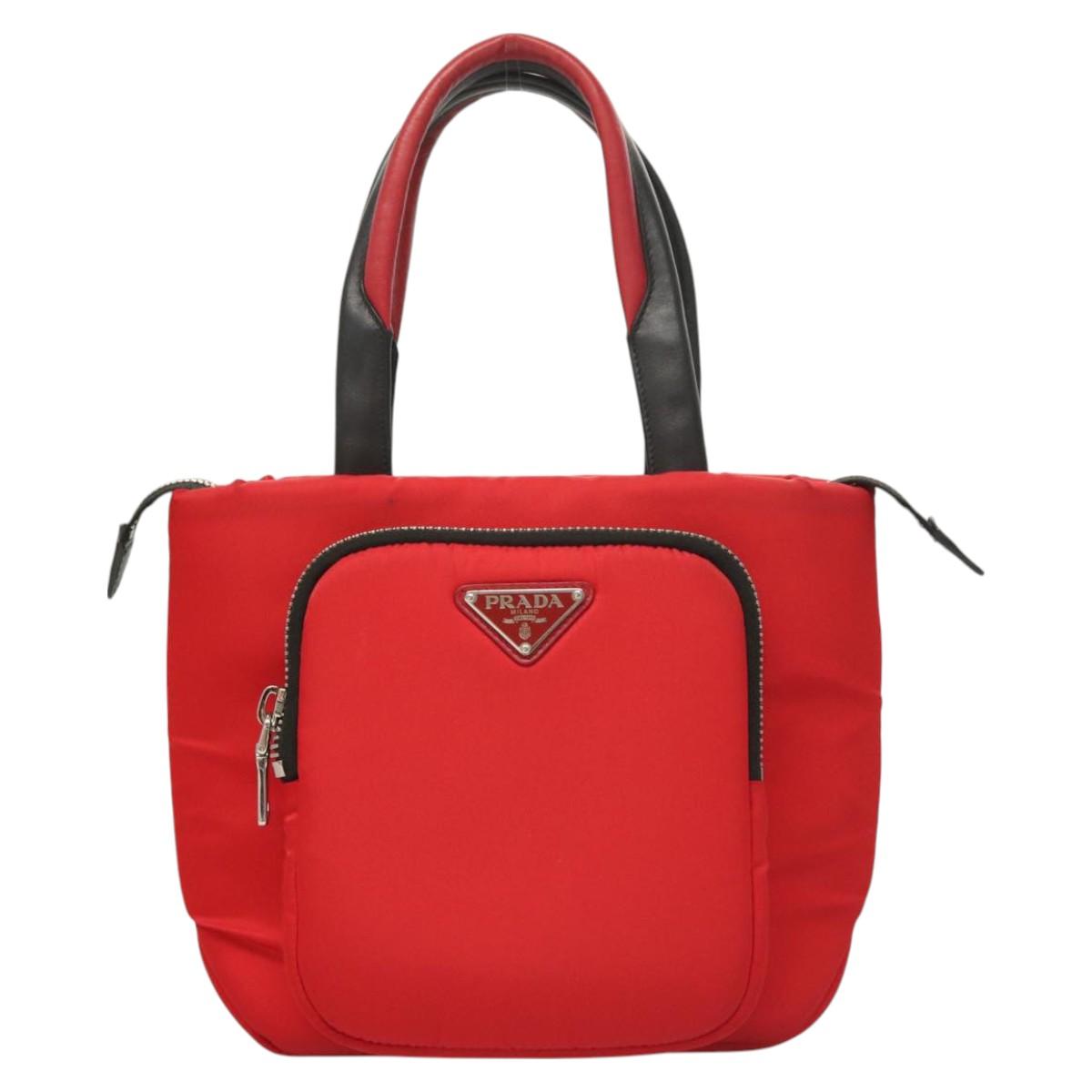 PRADA Hand Bag Nylon Red Silver Auth 123522V