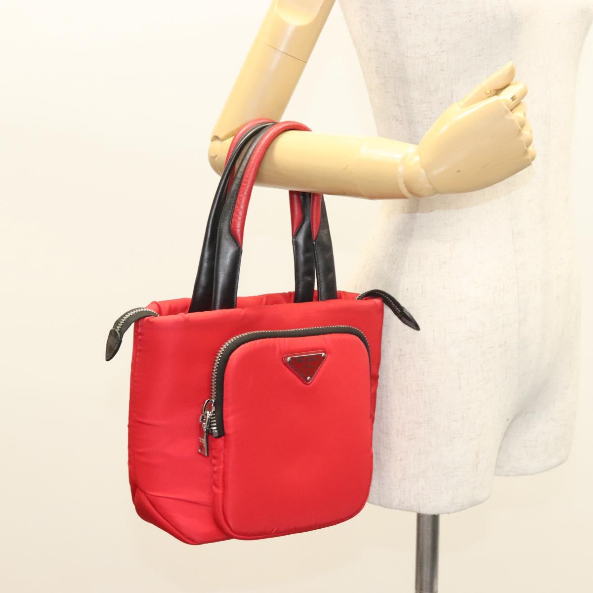 PRADA Hand Bag Nylon Red Silver Auth 123522V