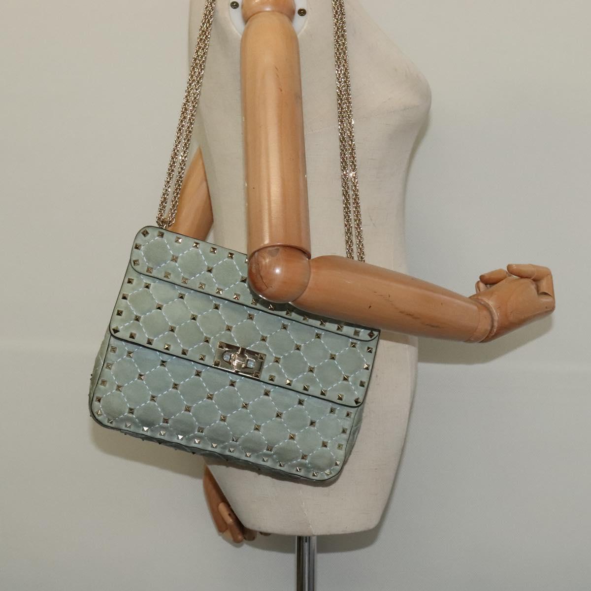 VALENTINO Studs Chain Shoulder Bag Suede Light Blue Silver Auth 123555