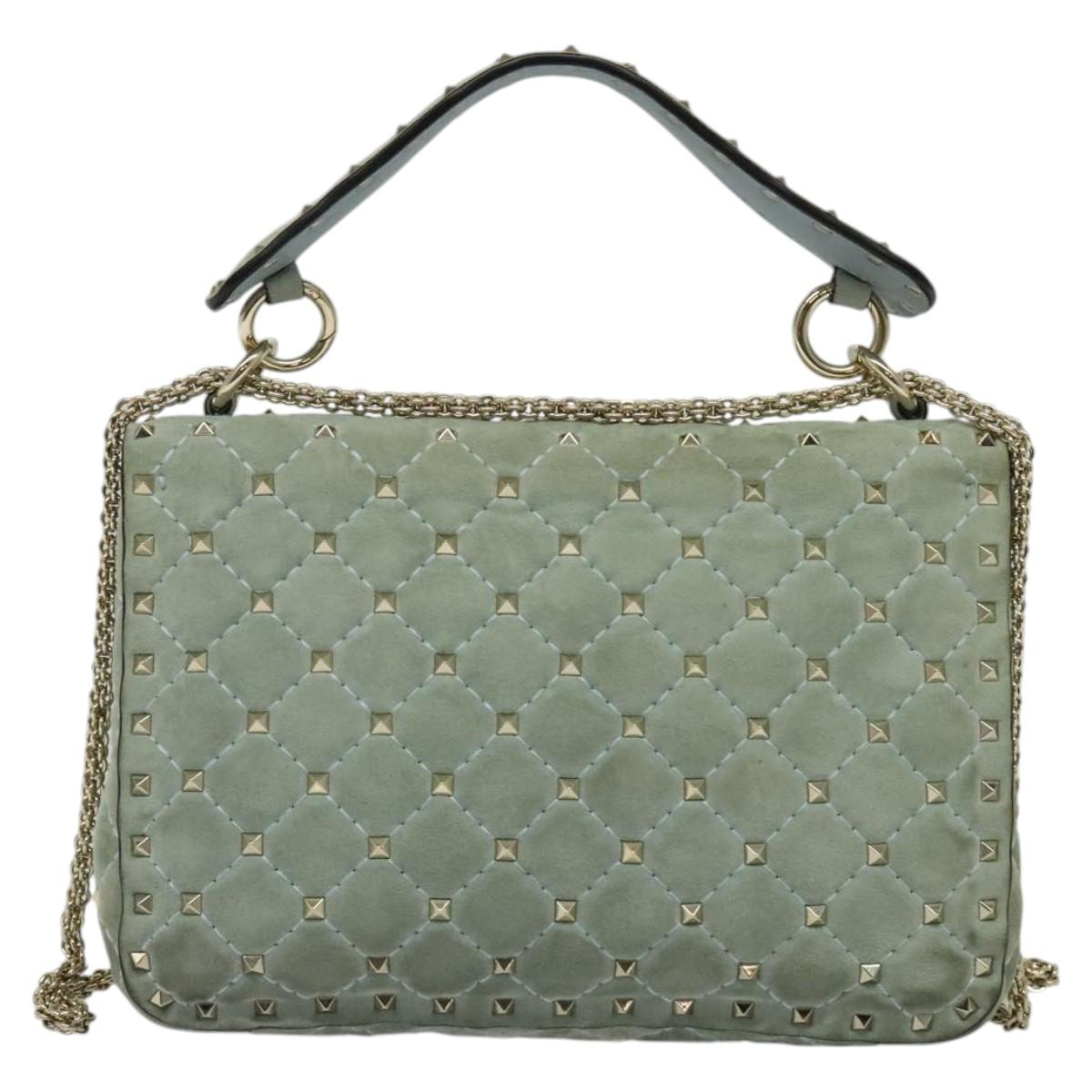 VALENTINO Studs Chain Shoulder Bag Suede Light Blue Silver Auth 123555