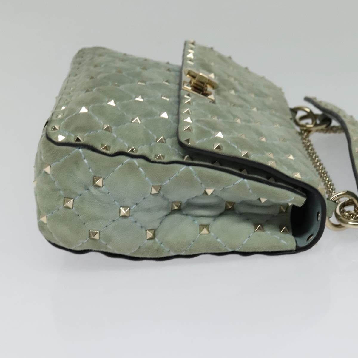VALENTINO Studs Chain Shoulder Bag Suede Light Blue Silver Auth 123555