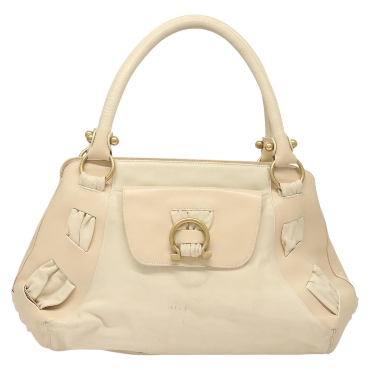 Salvatore Ferragamo Gancini Shoulder Bag Leather White Gold Auth 123574