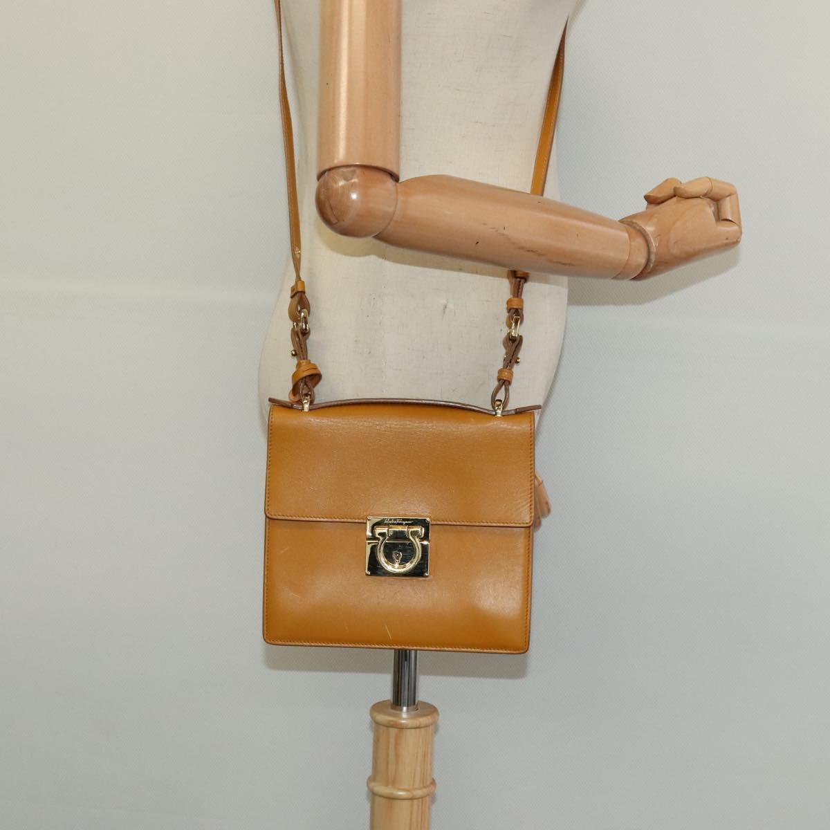 Salvatore Ferragamo Gancini Shoulder Bag Leather 2way Brown Gold Auth 123668