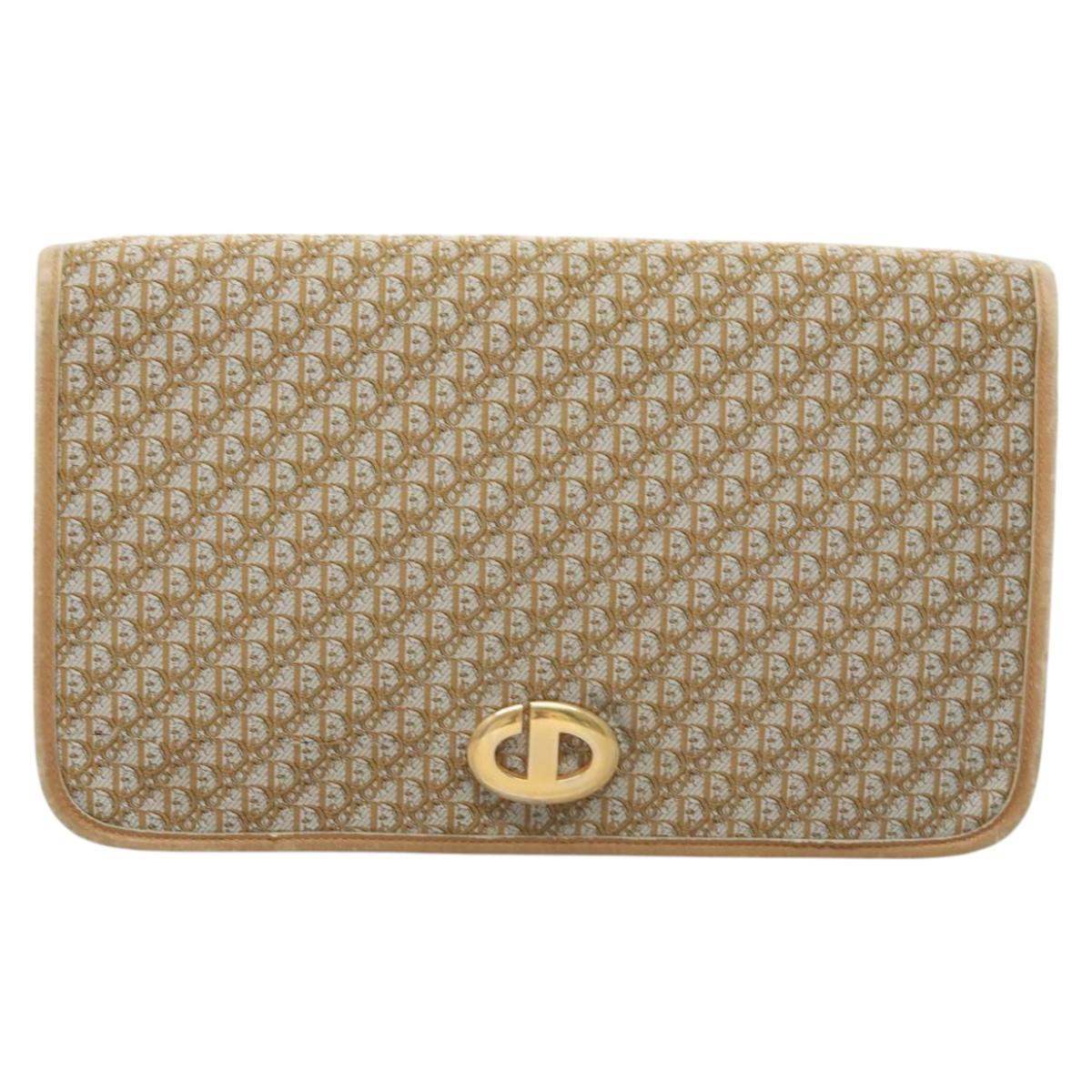 Christian Dior Trotter Canvas Chain Shoulder Bag Beige Gold Auth 123721