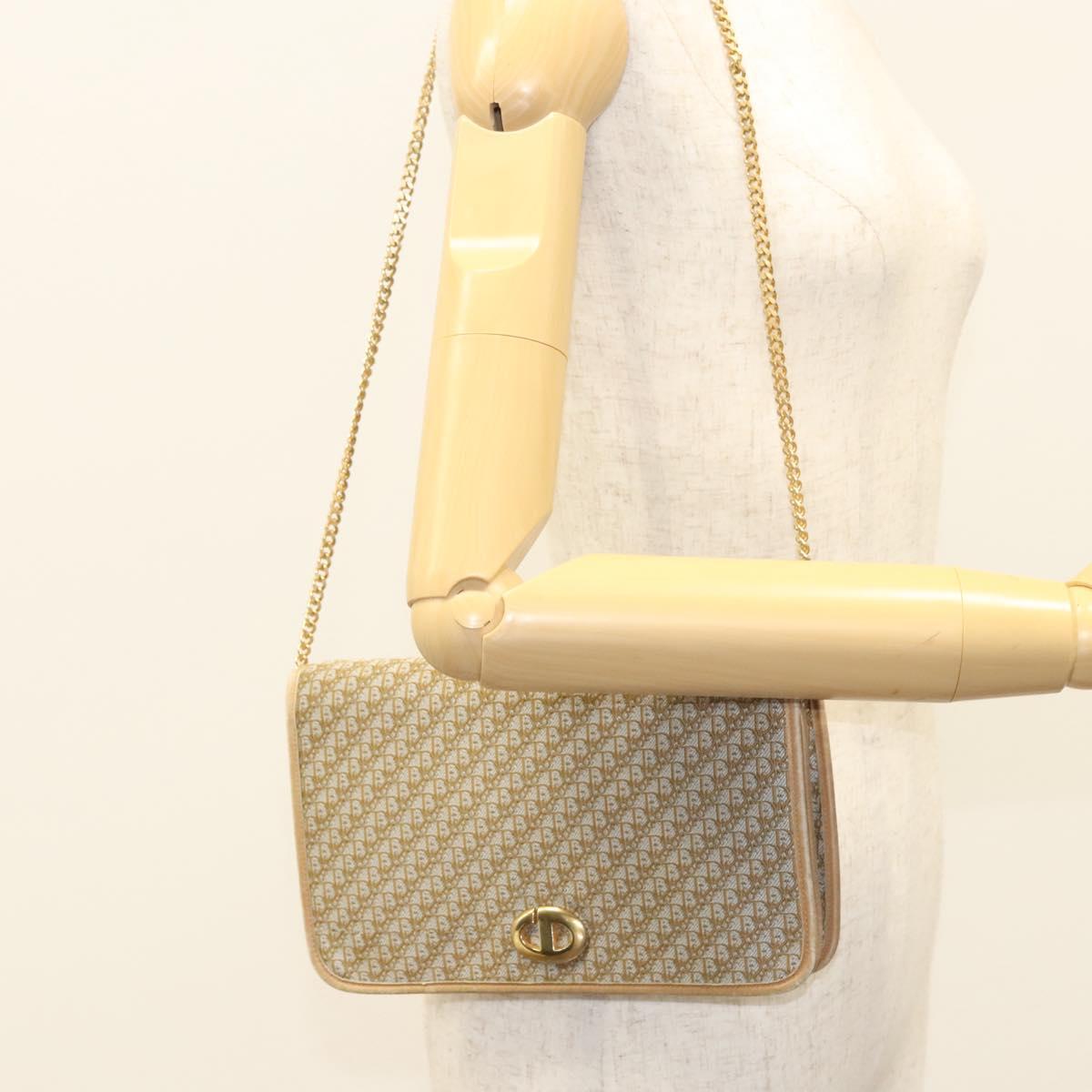 Christian Dior Trotter Canvas Chain Shoulder Bag Beige Gold Auth 123721