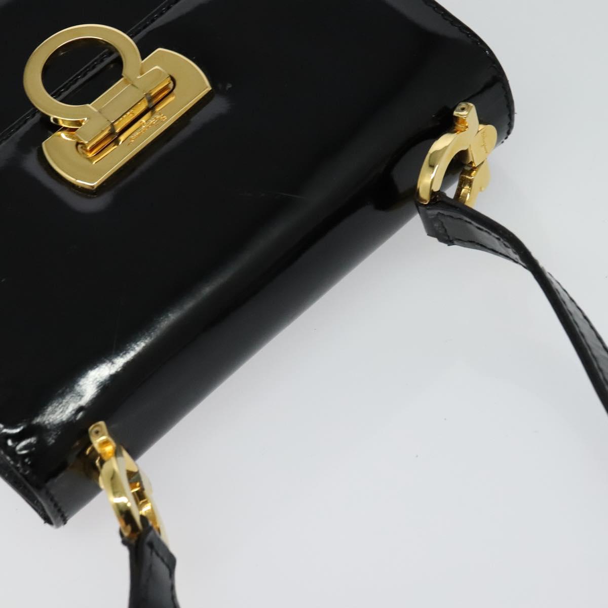 Salvatore Ferragamo Gancini Shoulder Bag Enamel Black Gold Auth 123760