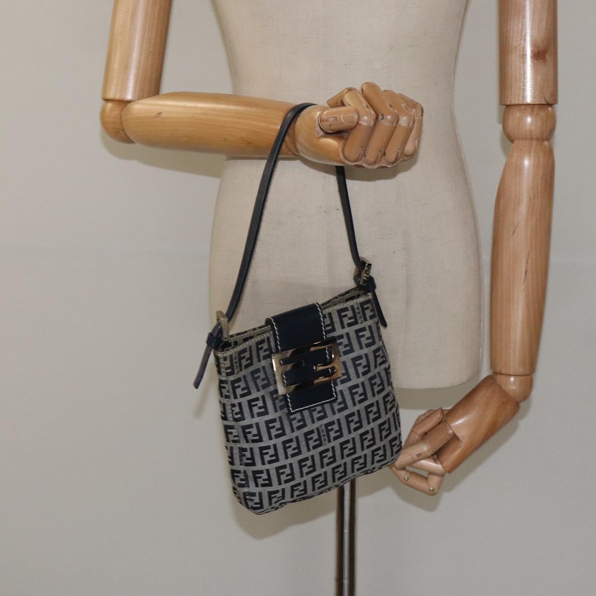 FENDI Zucchino Canvas Mamma Baguette Shoulder Bag Navy Silver Auth 123778