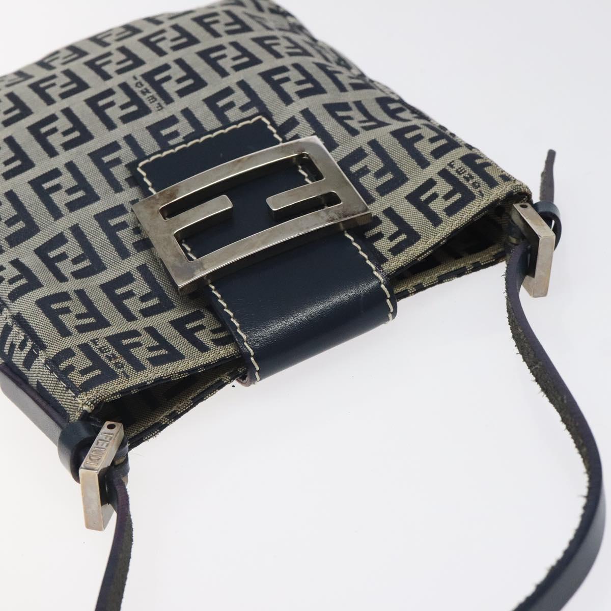 FENDI Zucchino Canvas Mamma Baguette Shoulder Bag Navy Silver Auth 123778
