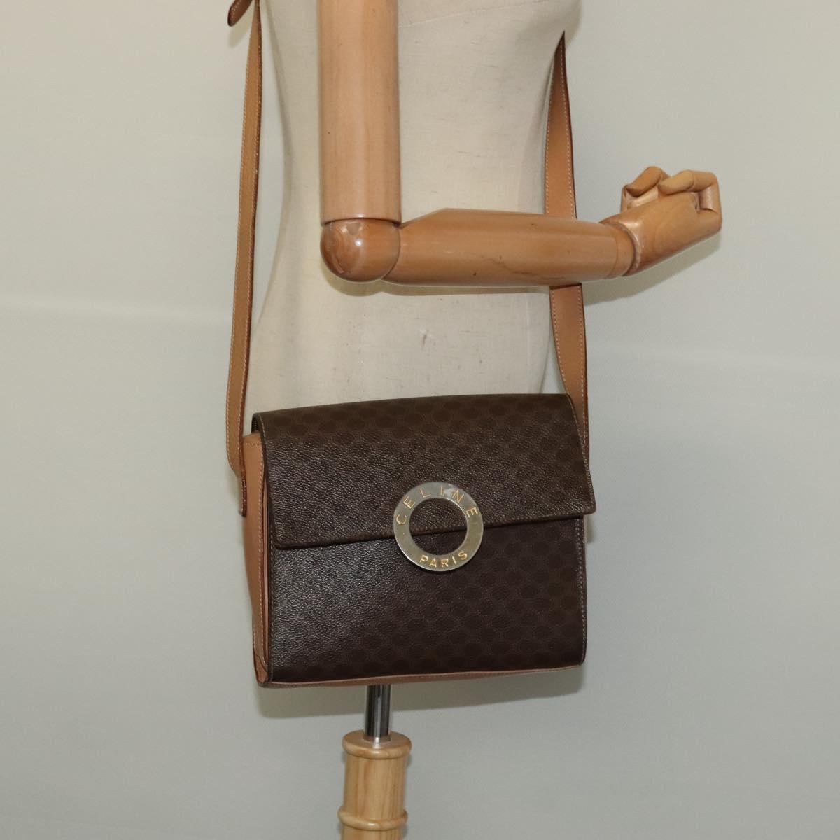 CELINE Macadam Canvas Circle Shoulder Bag PVC Leather Brown Gold Auth 123825