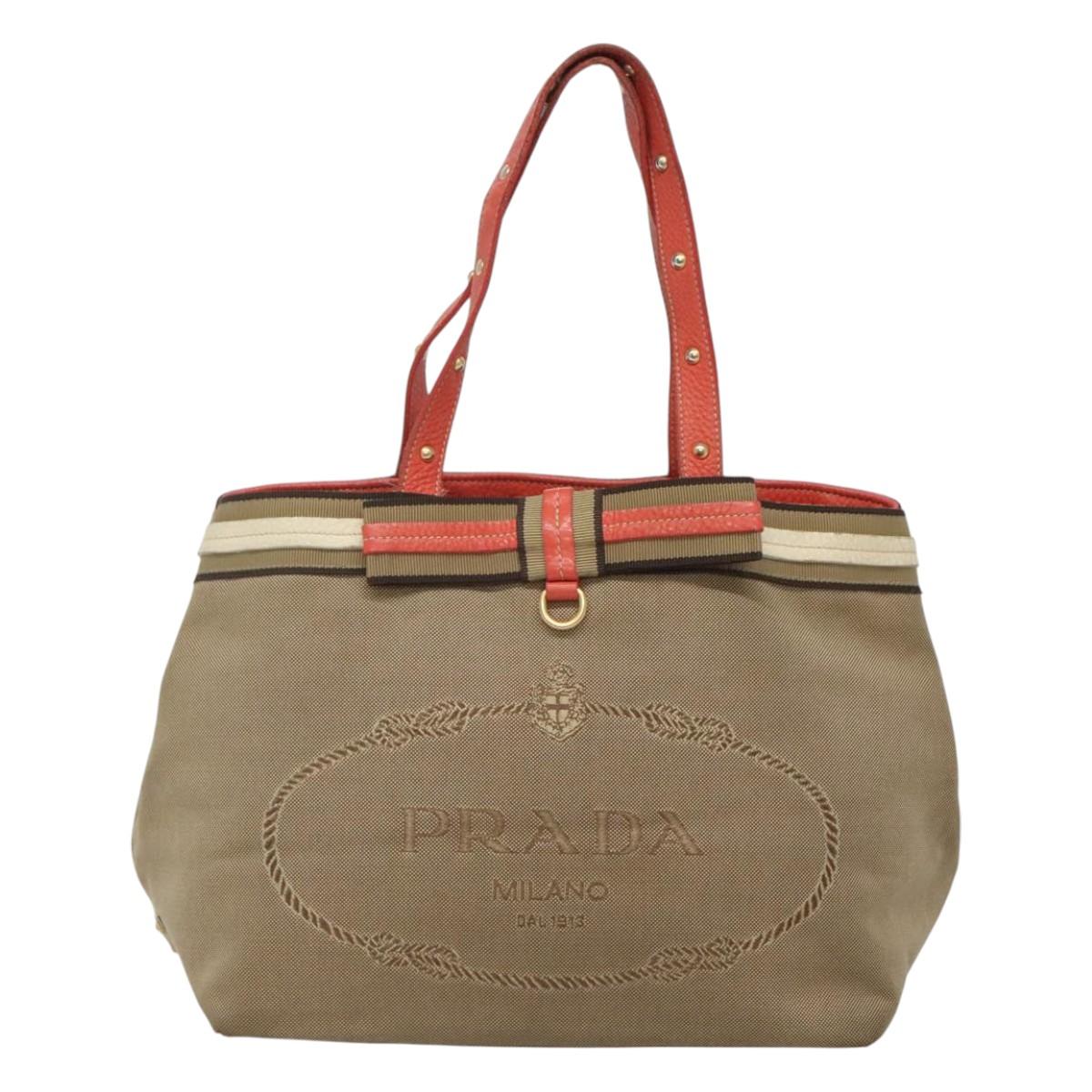 PRADA Hand Bag Canvas Beige Gold Auth 123858