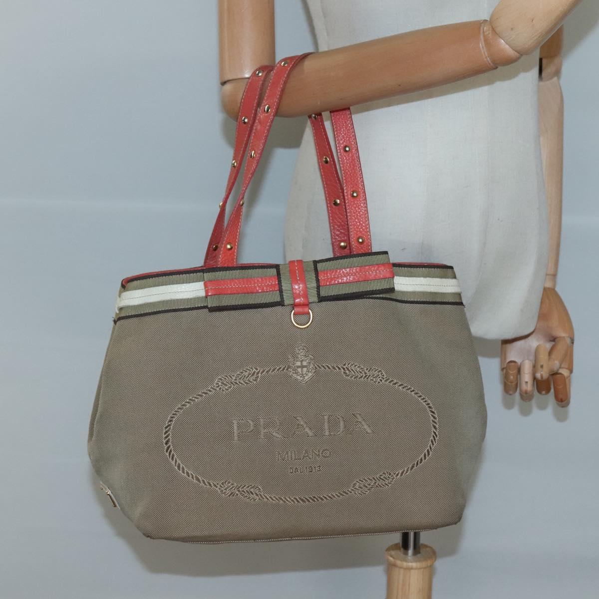 PRADA Hand Bag Canvas Beige Gold Auth 123858
