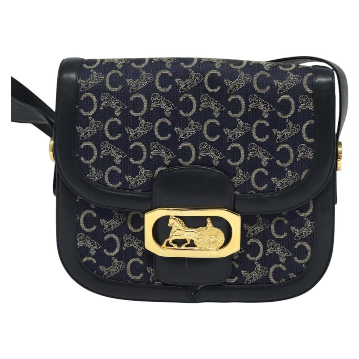 CELINE C Sulky Shoulder Bag Canvas Navy Gold Auth 123864