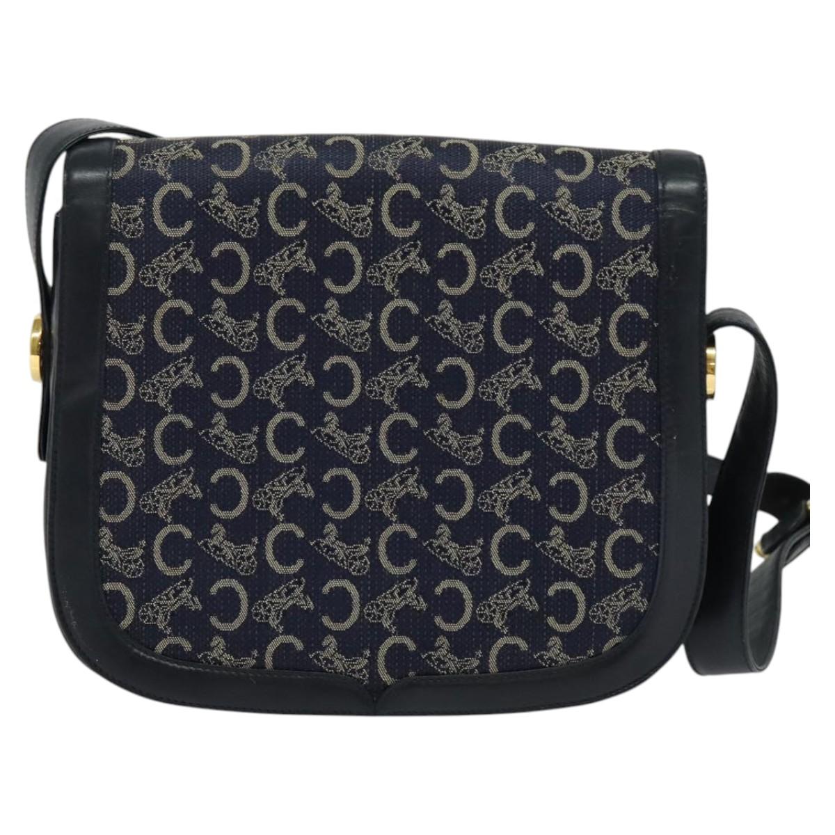 CELINE C Sulky Shoulder Bag Canvas Navy Gold Auth 123864