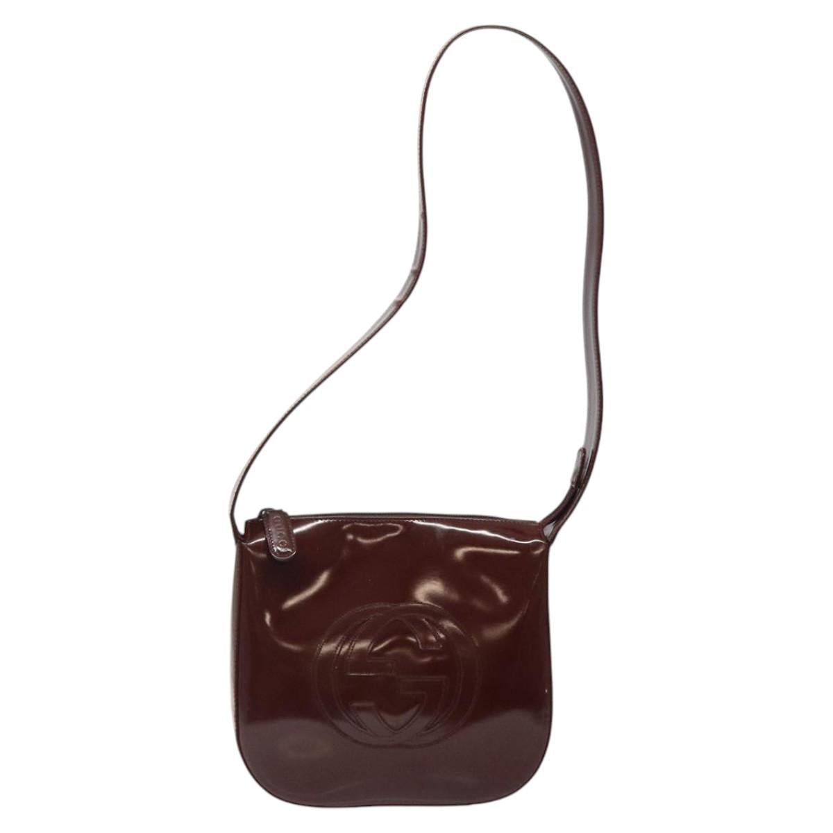 GUCCI Shoulder Bag Patent leather Brown Silver Auth 123895