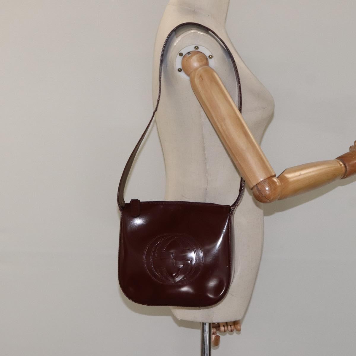 GUCCI Shoulder Bag Patent leather Brown Silver Auth 123895