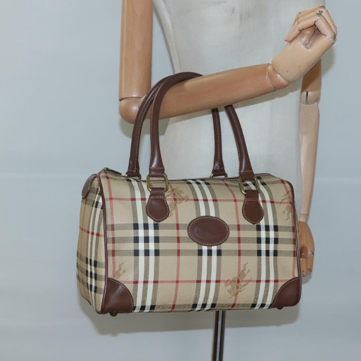 Burberrys Nova Check Hand Bag PVC Beige Gold Auth 123902