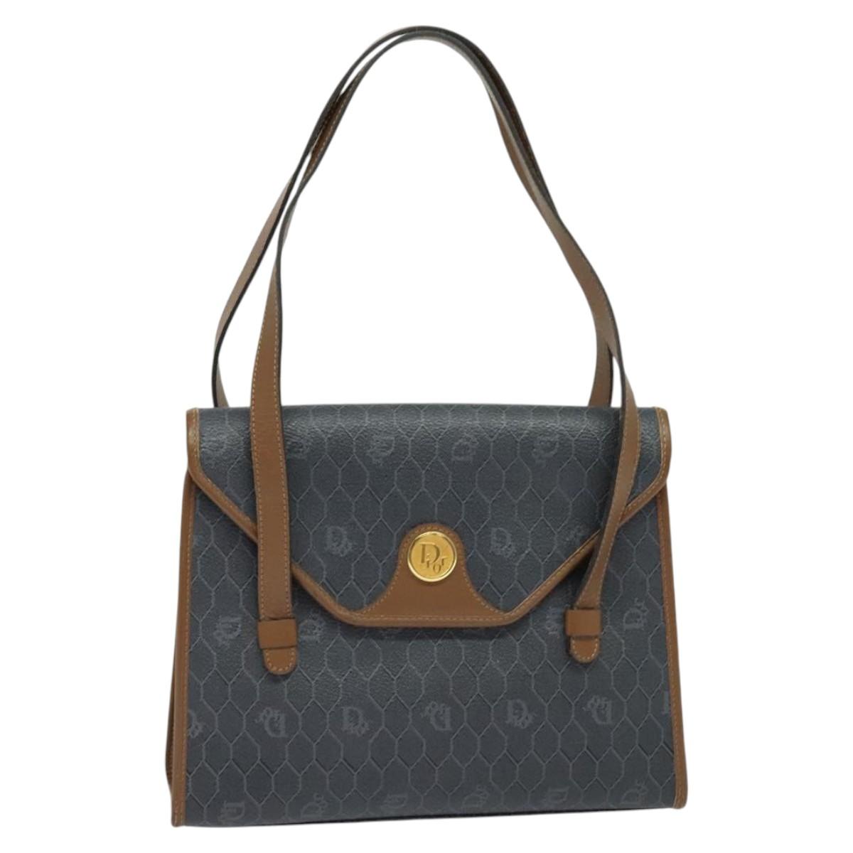 Christian Dior Honeycomb Canvas Hand Bag PVC Leather Gray Gold Auth 123911